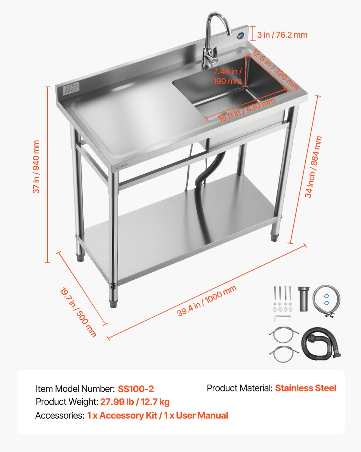 VEVOR Stainless Steel Utility Sink, Free Standing Single Bowl Commercial Kitchen Sink with Faucet, 39.4 x 19.7 x 37 in, Utility Left Basin with Hot & Cold Water Pipe for Garage, Restaurant, Laundry - DSCDGZT100CMVXEJ1001V0 - view 8