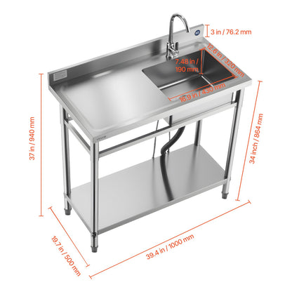 VEVOR Stainless Steel Utility Sink, Free Standing Single Bowl Commercial Kitchen Sink with Faucet, 39.4 x 19.7 x 37 in, Utility Left Basin with Hot & Cold Water Pipe for Garage, Restaurant, Laundry - DSCDGZT100CMVXEJ1001V0 - view 10