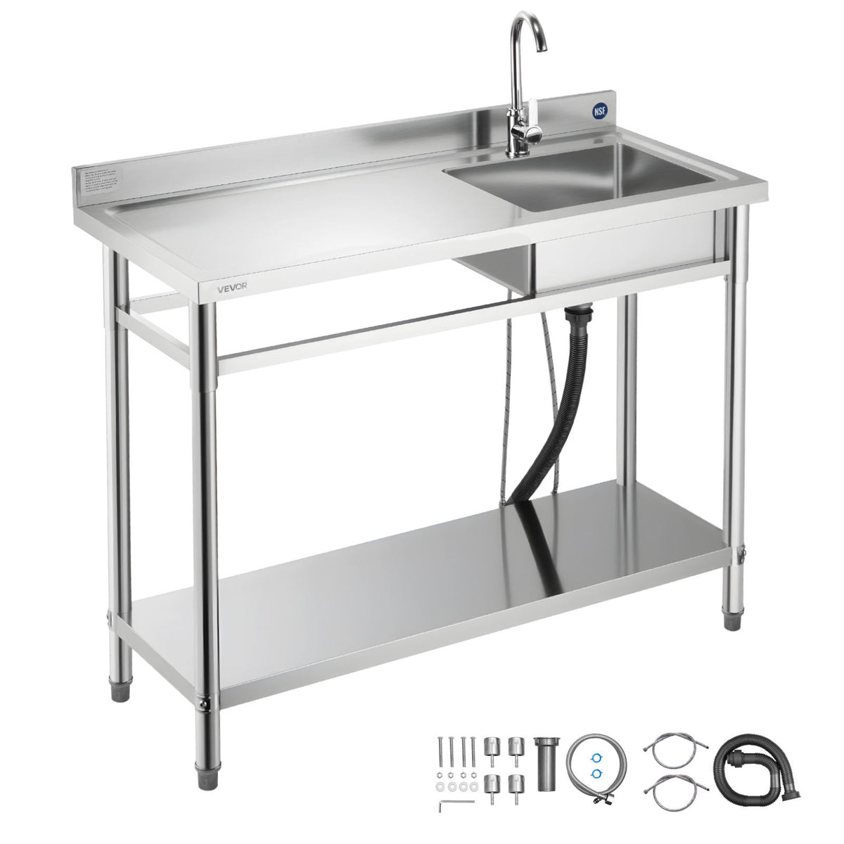 VEVOR Stainless Steel Utility Sink, Free Standing Single Bowl Commercial Kitchen Sink with Faucet, Utility Left Basin Workbench with Hot & Cold Water Pipe for Garage Restaurant Laundry, 47x19.7x37 in - DSCDGZT120CM131GM001V0 - view 1