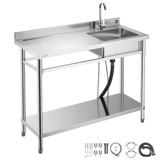 VEVOR Stainless Steel Utility Sink, Free Standing Single Bowl Commercial Kitchen Sink with Faucet, Utility Left Basin Workbench with Hot & Cold Water Pipe for Garage Restaurant Laundry, 47x19.7x37 in - DSCDGZT120CM131GM001V0 - view 1