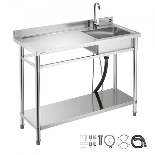 VEVOR Stainless Steel Utility Sink, Free Standing Single Bowl Commercial Kitchen Sink with Faucet, Utility Left Basin Workbench with Hot & Cold Water Pipe for Garage Restaurant Laundry, 47x19.7x37 in - DSCDGZT120CM131GM001V0 - view 2