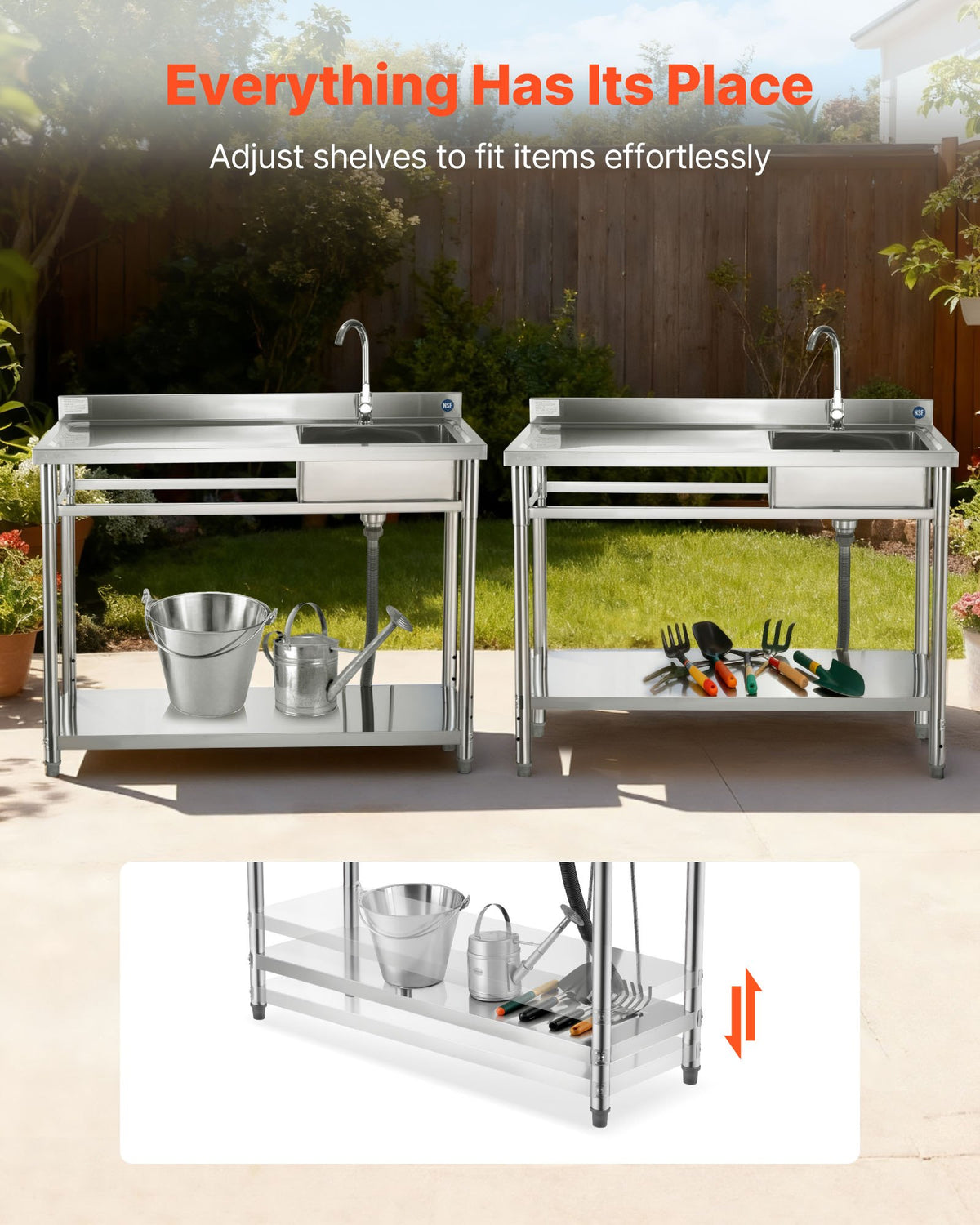 VEVOR Stainless Steel Utility Sink, Free Standing Single Bowl Commercial Kitchen Sink with Faucet, Utility Left Basin Workbench with Hot & Cold Water Pipe for Garage Restaurant Laundry, 47x19.7x37 in - DSCDGZT120CM131GM001V0 - view 4