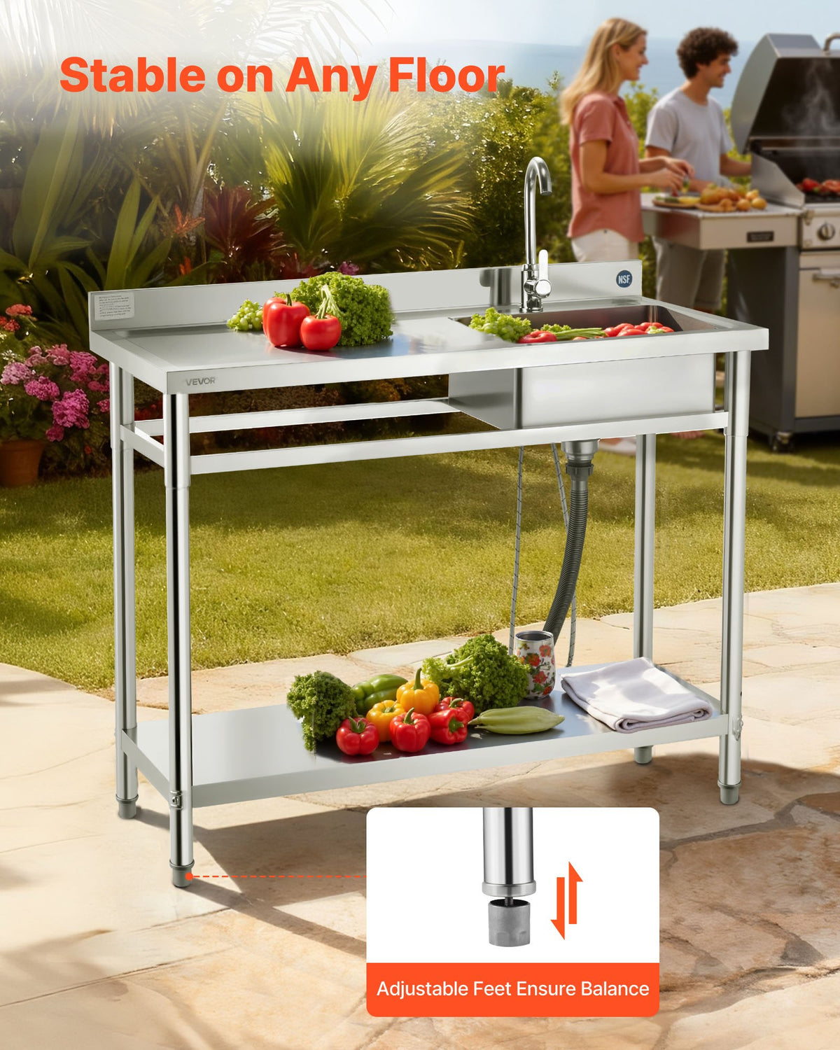 VEVOR Stainless Steel Utility Sink, Free Standing Single Bowl Commercial Kitchen Sink with Faucet, Utility Left Basin Workbench with Hot & Cold Water Pipe for Garage Restaurant Laundry, 47x19.7x37 in - DSCDGZT120CM131GM001V0 - view 7