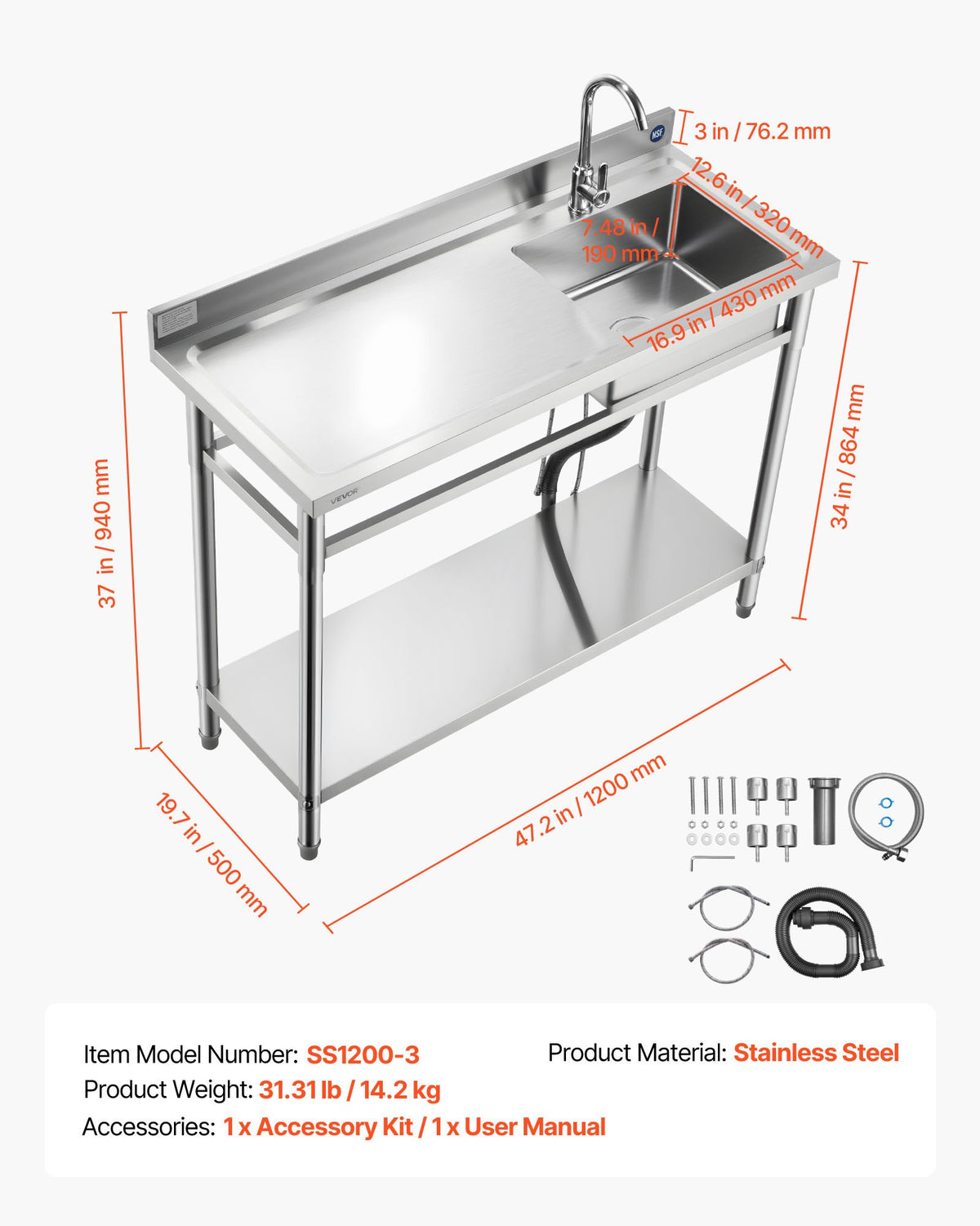 VEVOR Stainless Steel Utility Sink, Free Standing Single Bowl Commercial Kitchen Sink with Faucet, Utility Left Basin Workbench with Hot & Cold Water Pipe for Garage Restaurant Laundry, 47x19.7x37 in - DSCDGZT120CM131GM001V0 - view 8
