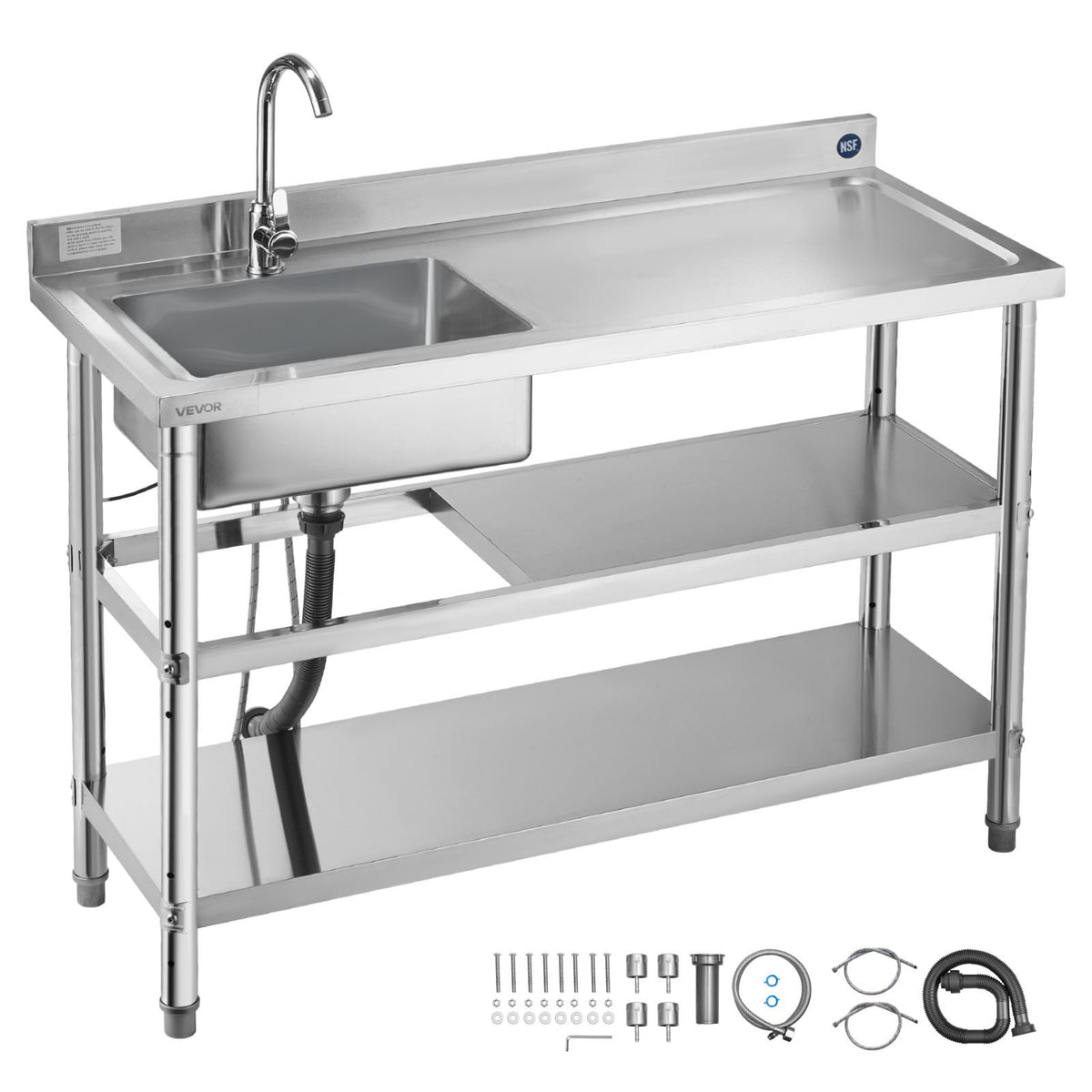 VEVOR Stainless Steel Utility Sink, Free Standing Single Bowl Commercial Kitchen Sink with Faucet and Hot & Cold Water Pipe, Dual Storage Shelves for Garage, Restaurant, Laundry, 47.2 x 19.7 x 37 in - DSCDGZT120CMLOECU001V0 - view 1