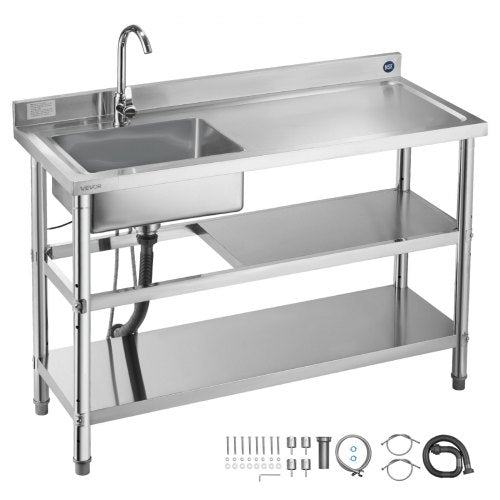 VEVOR Stainless Steel Utility Sink, Free Standing Single Bowl Commercial Kitchen Sink with Faucet and Hot & Cold Water Pipe, Dual Storage Shelves for Garage, Restaurant, Laundry, 47.2 x 19.7 x 37 in - DSCDGZT120CMLOECU001V0 - view 2