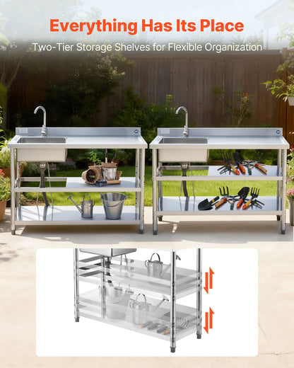 VEVOR Stainless Steel Utility Sink, Free Standing Single Bowl Commercial Kitchen Sink with Faucet and Hot & Cold Water Pipe, Dual Storage Shelves for Garage, Restaurant, Laundry, 47.2 x 19.7 x 37 in - DSCDGZT120CMLOECU001V0 - view 4