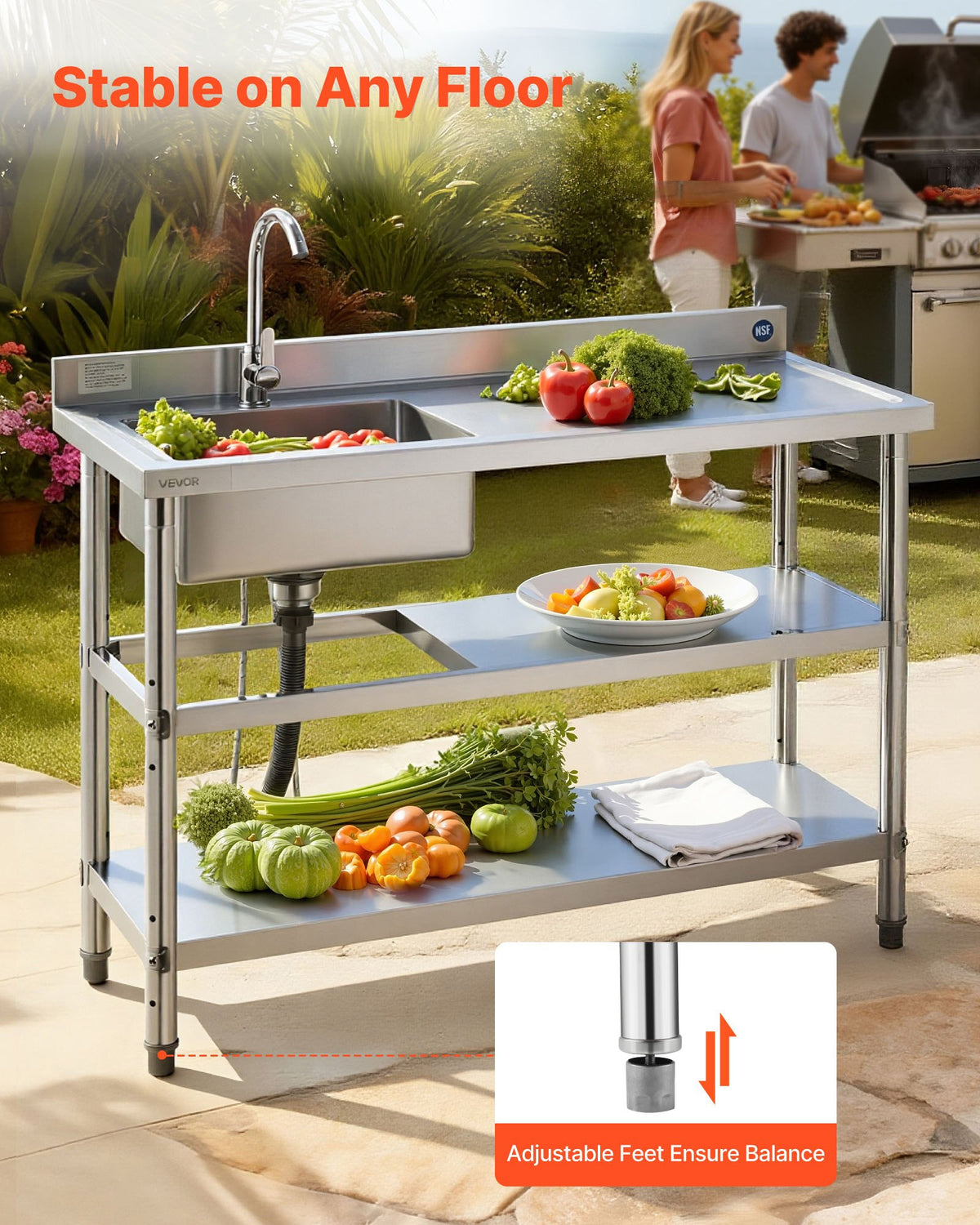 VEVOR Stainless Steel Utility Sink, Free Standing Single Bowl Commercial Kitchen Sink with Faucet and Hot & Cold Water Pipe, Dual Storage Shelves for Garage, Restaurant, Laundry, 47.2 x 19.7 x 37 in - DSCDGZT120CMLOECU001V0 - view 7