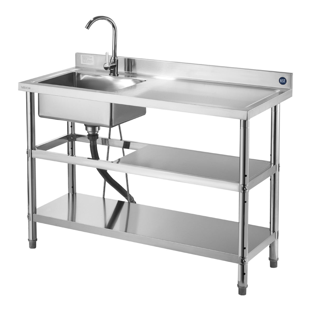 VEVOR Stainless Steel Utility Sink, Free Standing Single Bowl Commercial Kitchen Sink with Faucet and Hot & Cold Water Pipe, Dual Storage Shelves for Garage, Restaurant, Laundry, 47.2 x 19.7 x 37 in - DSCDGZT120CMLOECU001V0 - view 10