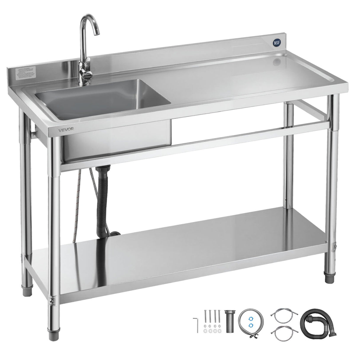 VEVOR Stainless Steel Utility Sink, Free Standing Single Bowl Commercial Kitchen Sink with Faucet, Utility Right Basin Workbench with Hot & Cold Water Pipe for Garage Restaurant Laundry, 47x19.7x37 in - DSCDGZT120CMN8UVM001V0 - view 1