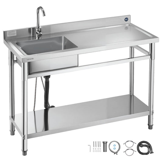 VEVOR Stainless Steel Utility Sink, Free Standing Single Bowl Commercial Kitchen Sink with Faucet, Utility Right Basin Workbench with Hot & Cold Water Pipe for Garage Restaurant Laundry, 47x19.7x37 in - DSCDGZT120CMN8UVM001V0 - view 1