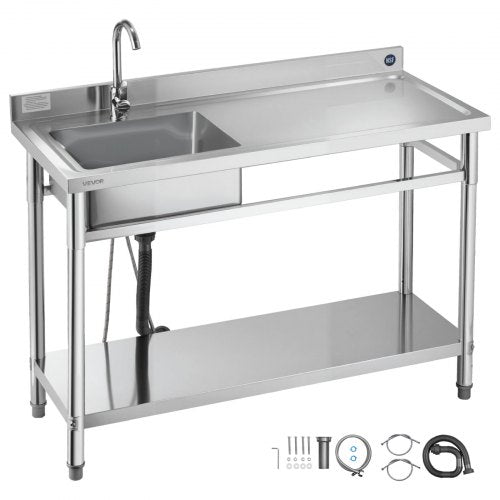 VEVOR Stainless Steel Utility Sink, Free Standing Single Bowl Commercial Kitchen Sink with Faucet, Utility Right Basin Workbench with Hot & Cold Water Pipe for Garage Restaurant Laundry, 47x19.7x37 in - DSCDGZT120CMN8UVM001V0 - view 2