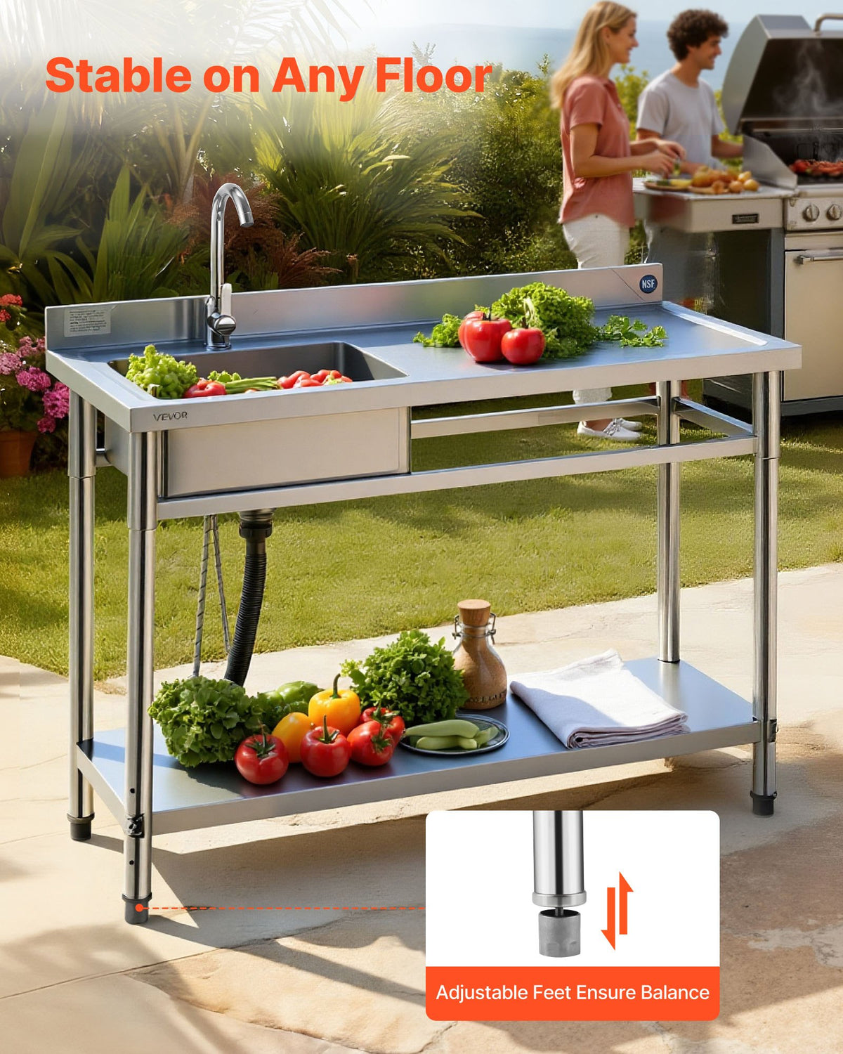VEVOR Stainless Steel Utility Sink, Free Standing Single Bowl Commercial Kitchen Sink with Faucet, Utility Right Basin Workbench with Hot & Cold Water Pipe for Garage Restaurant Laundry, 47x19.7x37 in - DSCDGZT120CMN8UVM001V0 - view 7