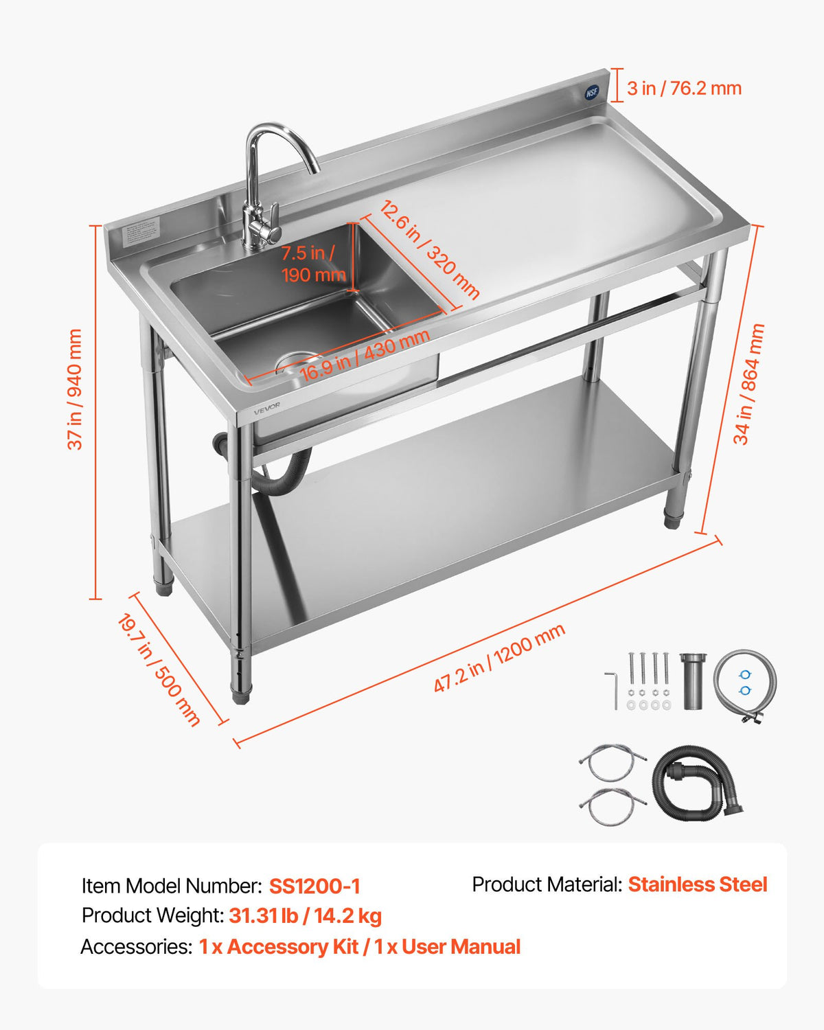 VEVOR Stainless Steel Utility Sink, Free Standing Single Bowl Commercial Kitchen Sink with Faucet, Utility Right Basin Workbench with Hot & Cold Water Pipe for Garage Restaurant Laundry, 47x19.7x37 in - DSCDGZT120CMN8UVM001V0 - view 8