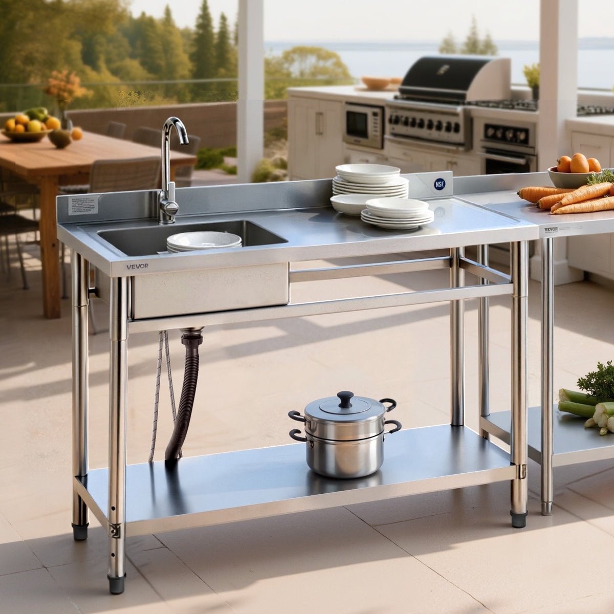 VEVOR Stainless Steel Utility Sink, Free Standing Single Bowl Commercial Kitchen Sink with Faucet, Utility Right Basin Workbench with Hot & Cold Water Pipe for Garage Restaurant Laundry, 47x19.7x37 in - DSCDGZT120CMN8UVM001V0 - view 9