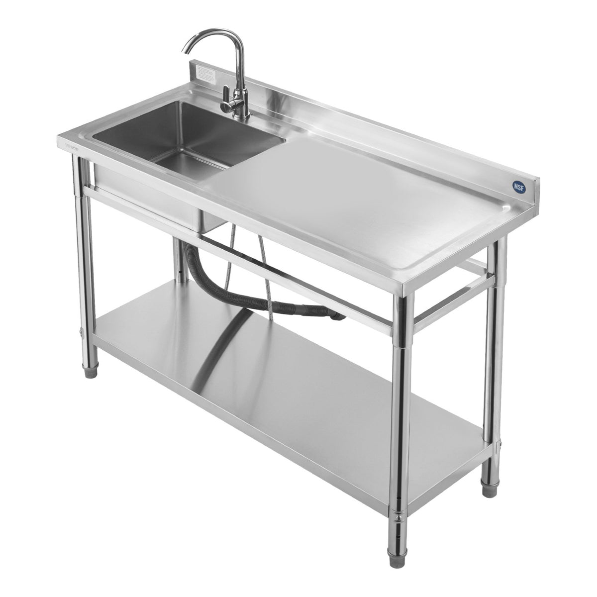 VEVOR Stainless Steel Utility Sink, Free Standing Single Bowl Commercial Kitchen Sink with Faucet, Utility Right Basin Workbench with Hot & Cold Water Pipe for Garage Restaurant Laundry, 47x19.7x37 in - DSCDGZT120CMN8UVM001V0 - view 10