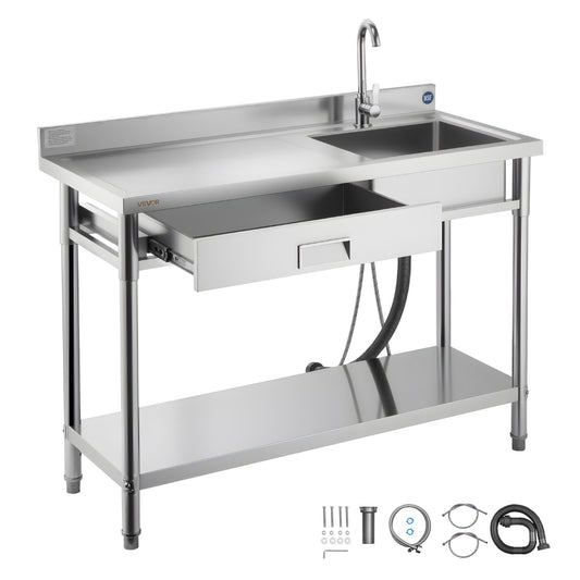 VEVOR Stainless Steel Utility Sink, Rolling Single Bowl Commercial Kitchen Sink with Drawer, Faucet and Hot & Cold Water Pipe, Utility Basin for Garage, Restaurant, Laundry, 47.2 x 19.7 x 37 in - DSCDGZT120CMNFORS001V0 - view 1