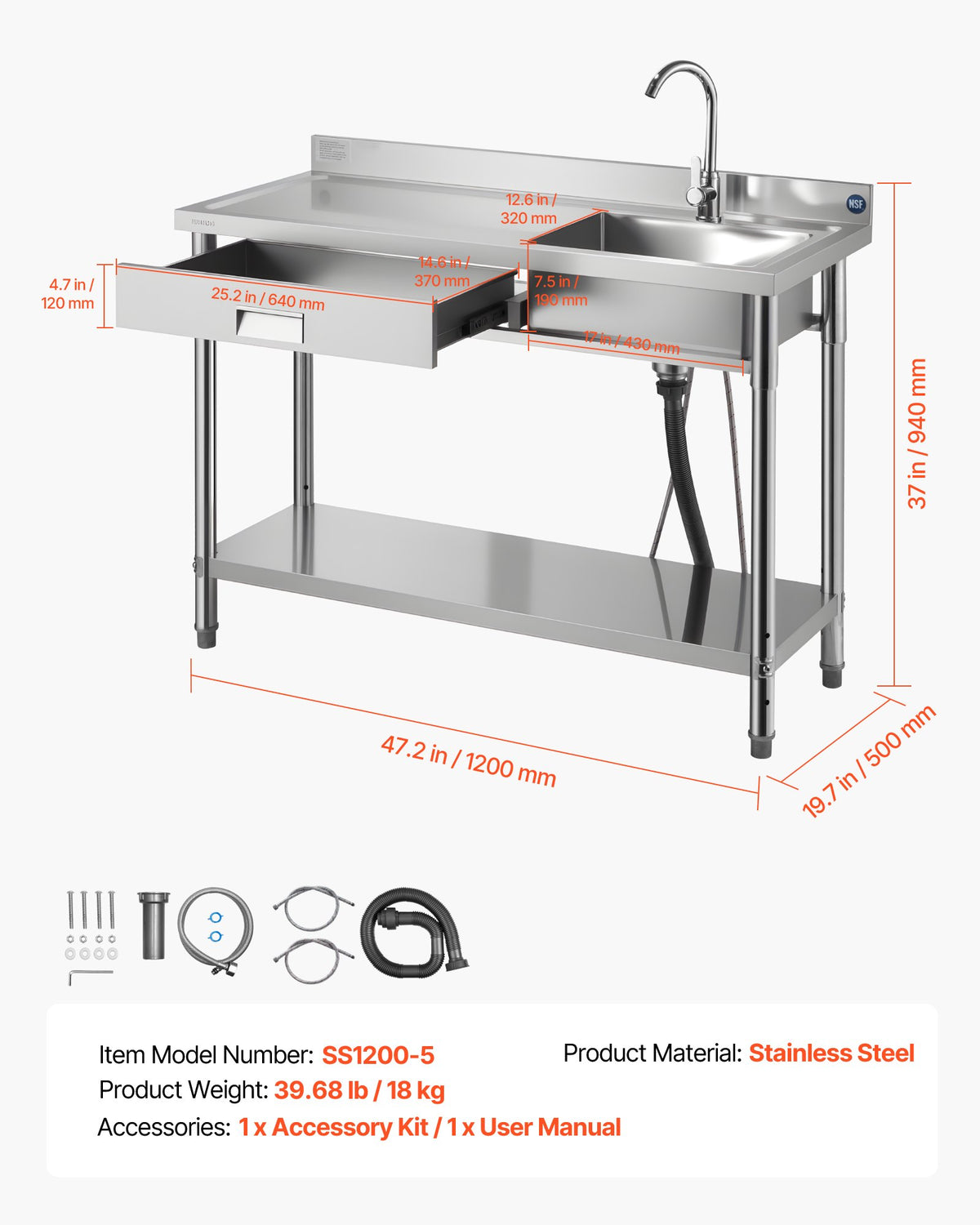 VEVOR Stainless Steel Utility Sink, Rolling Single Bowl Commercial Kitchen Sink with Drawer, Faucet and Hot & Cold Water Pipe, Utility Basin for Garage, Restaurant, Laundry, 47.2 x 19.7 x 37 in - DSCDGZT120CMNFORS001V0 - view 8
