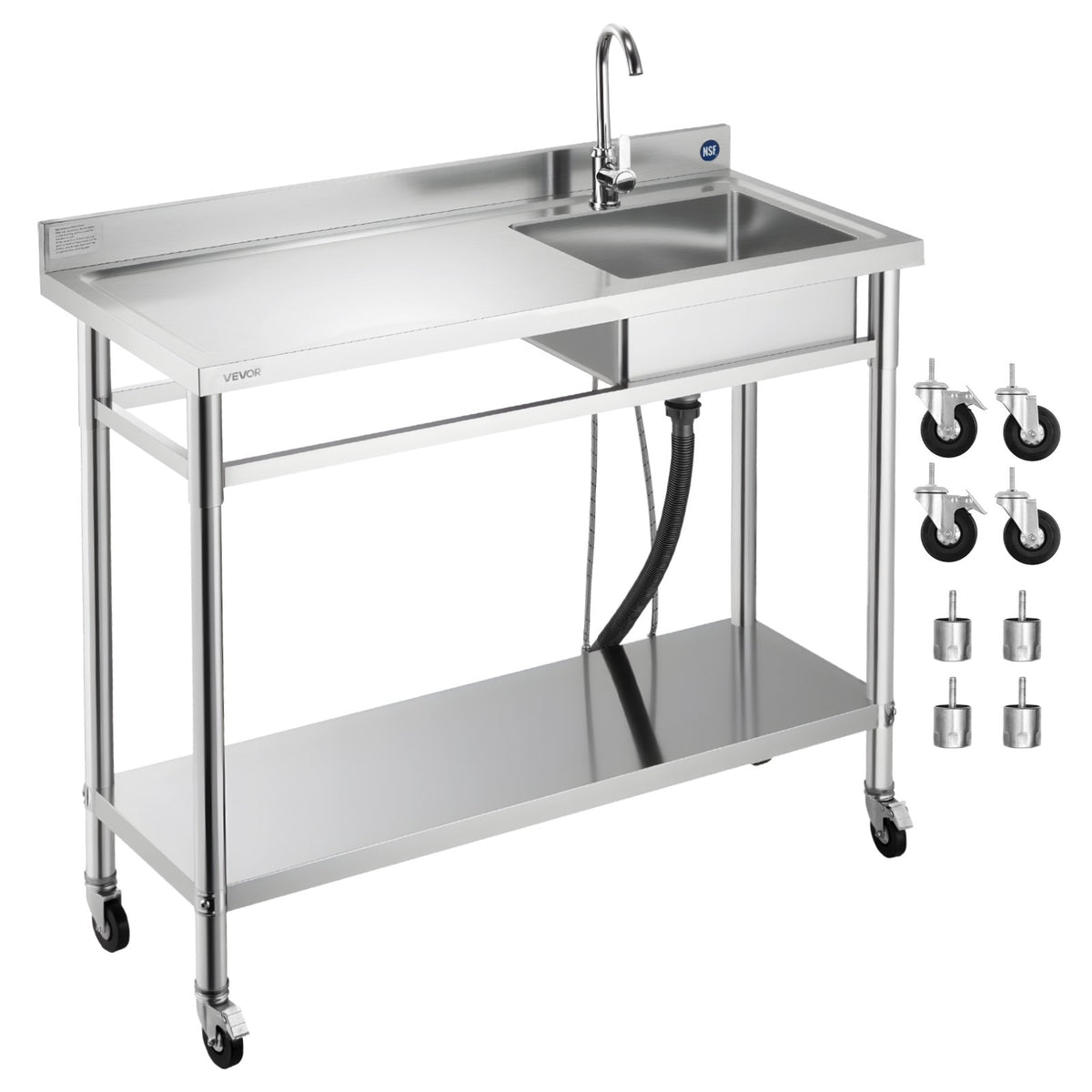 VEVOR Stainless Steel Utility Sink, Rolling Single Bowl Commercial Kitchen Sink with Wheels, Faucet and Hot & Cold Water Pipe, Utility Basin Workbench for Garage Restaurant Laundry 47.2 x 19.7 x 41.5 in - DSCDGZT120CMXH2J6001V0 - view 1