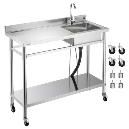VEVOR Stainless Steel Utility Sink, Rolling Single Bowl Commercial Kitchen Sink with Wheels, Faucet and Hot & Cold Water Pipe, Utility Basin Workbench for Garage Restaurant Laundry 47.2 x 19.7 x 41.5 in - DSCDGZT120CMXH2J6001V0 - view 1