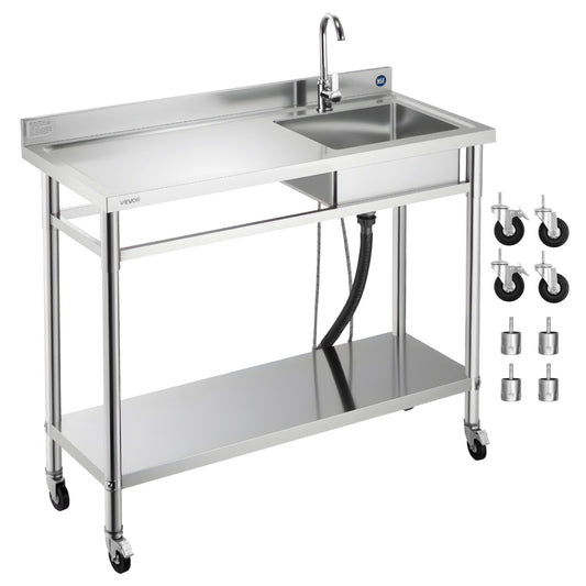 VEVOR Stainless Steel Utility Sink, Rolling Single Bowl Commercial Kitchen Sink with Wheels, Faucet and Hot & Cold Water Pipe, Utility Basin Workbench for Garage Restaurant Laundry 47.2 x 19.7 x 41.5 in - DSCDGZT120CMXH2J6001V0 - view 1