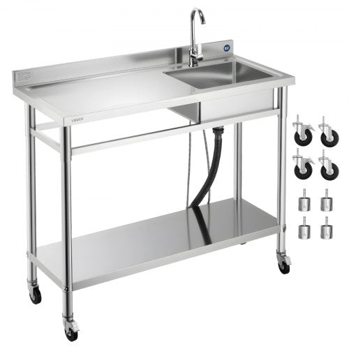 VEVOR Stainless Steel Utility Sink, Rolling Single Bowl Commercial Kitchen Sink with Wheels, Faucet and Hot & Cold Water Pipe, Utility Basin Workbench for Garage Restaurant Laundry 47.2 x 19.7 x 41.5 in - DSCDGZT120CMXH2J6001V0 - view 2