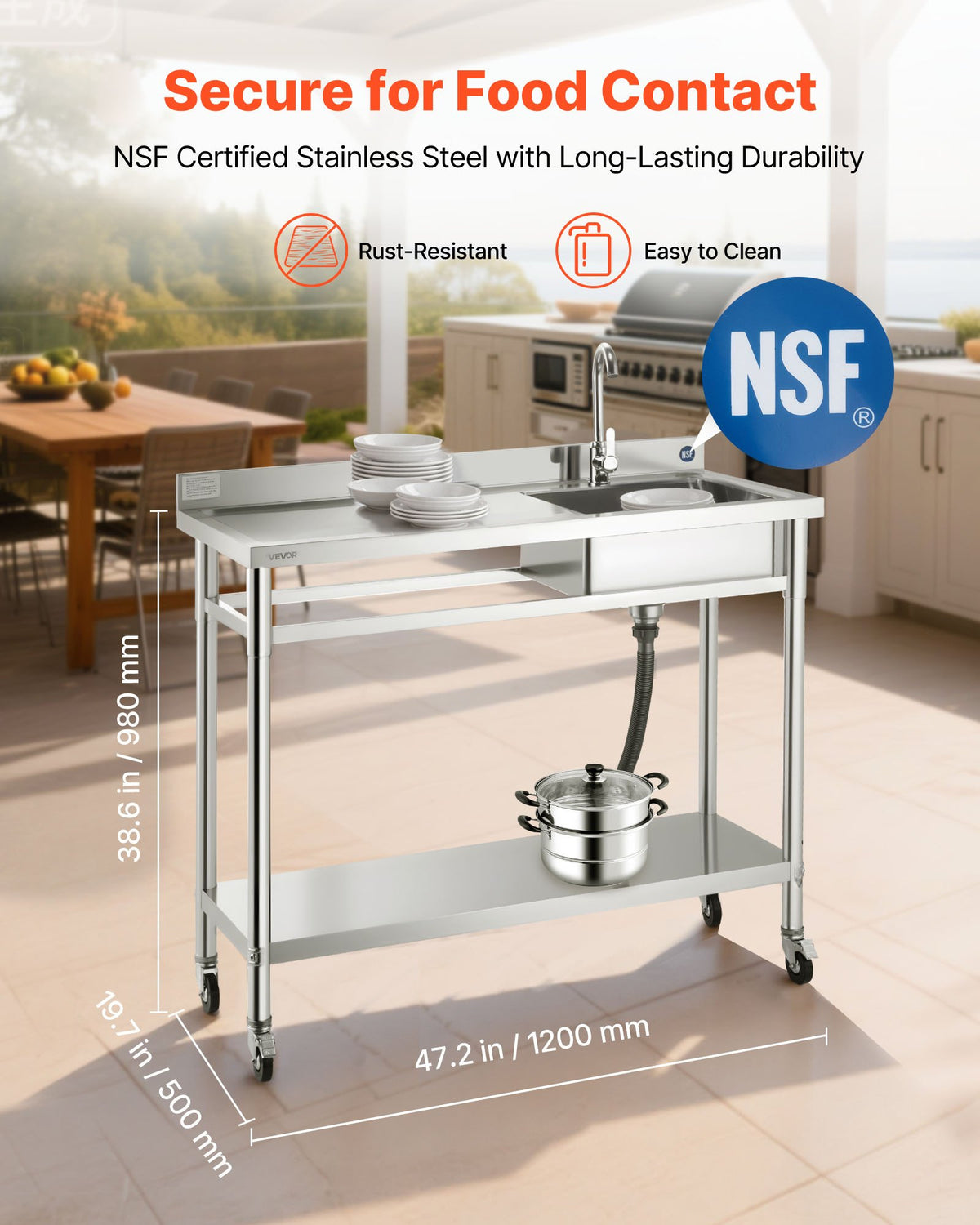 VEVOR Stainless Steel Utility Sink, Rolling Single Bowl Commercial Kitchen Sink with Wheels, Faucet and Hot & Cold Water Pipe, Utility Basin Workbench for Garage Restaurant Laundry 47.2 x 19.7 x 41.5 in - DSCDGZT120CMXH2J6001V0 - view 3