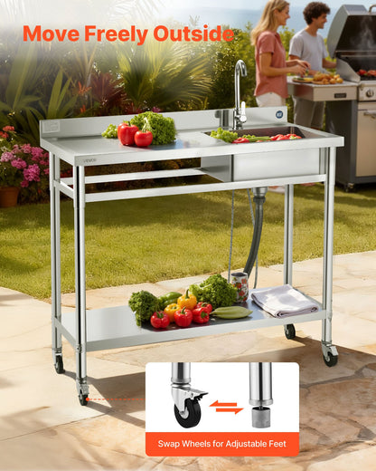 VEVOR Stainless Steel Utility Sink, Rolling Single Bowl Commercial Kitchen Sink with Wheels, Faucet and Hot & Cold Water Pipe, Utility Basin Workbench for Garage Restaurant Laundry 47.2 x 19.7 x 41.5 in - DSCDGZT120CMXH2J6001V0 - view 4
