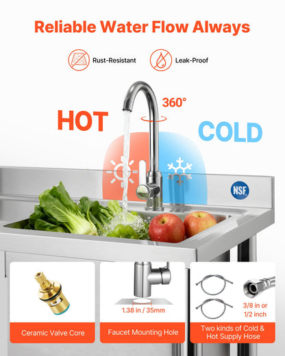 VEVOR Stainless Steel Utility Sink, Rolling Single Bowl Commercial Kitchen Sink with Wheels, Faucet and Hot & Cold Water Pipe, Utility Basin Workbench for Garage Restaurant Laundry 47.2 x 19.7 x 41.5 in - DSCDGZT120CMXH2J6001V0 - view 5