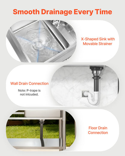 VEVOR Stainless Steel Utility Sink, Rolling Single Bowl Commercial Kitchen Sink with Wheels, Faucet and Hot & Cold Water Pipe, Utility Basin Workbench for Garage Restaurant Laundry 47.2 x 19.7 x 41.5 in - DSCDGZT120CMXH2J6001V0 - view 6