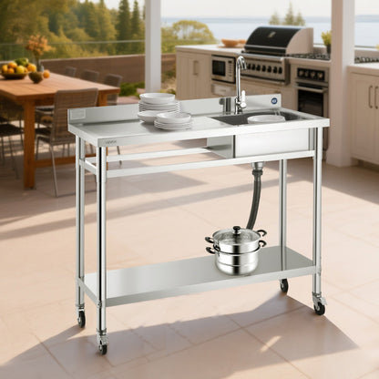VEVOR Stainless Steel Utility Sink, Rolling Single Bowl Commercial Kitchen Sink with Wheels, Faucet and Hot & Cold Water Pipe, Utility Basin Workbench for Garage Restaurant Laundry 47.2 x 19.7 x 41.5 in - DSCDGZT120CMXH2J6001V0 - view 9