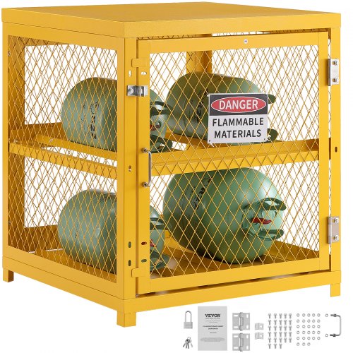 VEVOR Horizontal Cylinder Storage Cabinet, 4 x 33 lbs Cylinder Capacity, 31.02x30.04x35 inch Propane Storage Cage, Gas Cylinder Cabinet, Yellow Powder Coat Finish, for Freon, Gases, Oxygen, Nitrogen - DSCWJHSLYGSPG3ZIYV0 - view 2