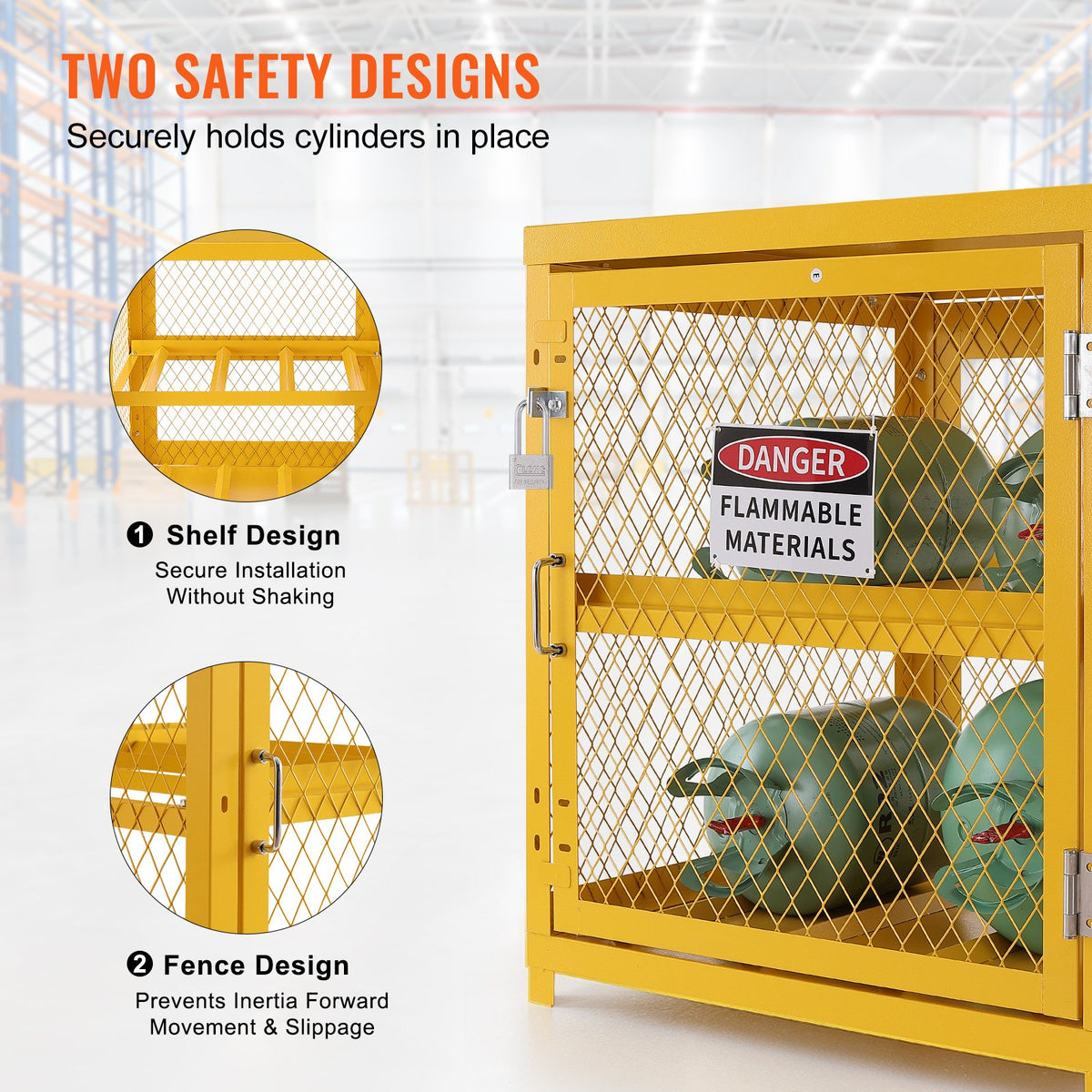 VEVOR Horizontal Cylinder Storage Cabinet, 4 x 33 lbs Cylinder Capacity, 31.02x30.04x35 inch Propane Storage Cage, Gas Cylinder Cabinet, Yellow Powder Coat Finish, for Freon, Gases, Oxygen, Nitrogen - DSCWJHSLYGSPG3ZIYV0 - view 5