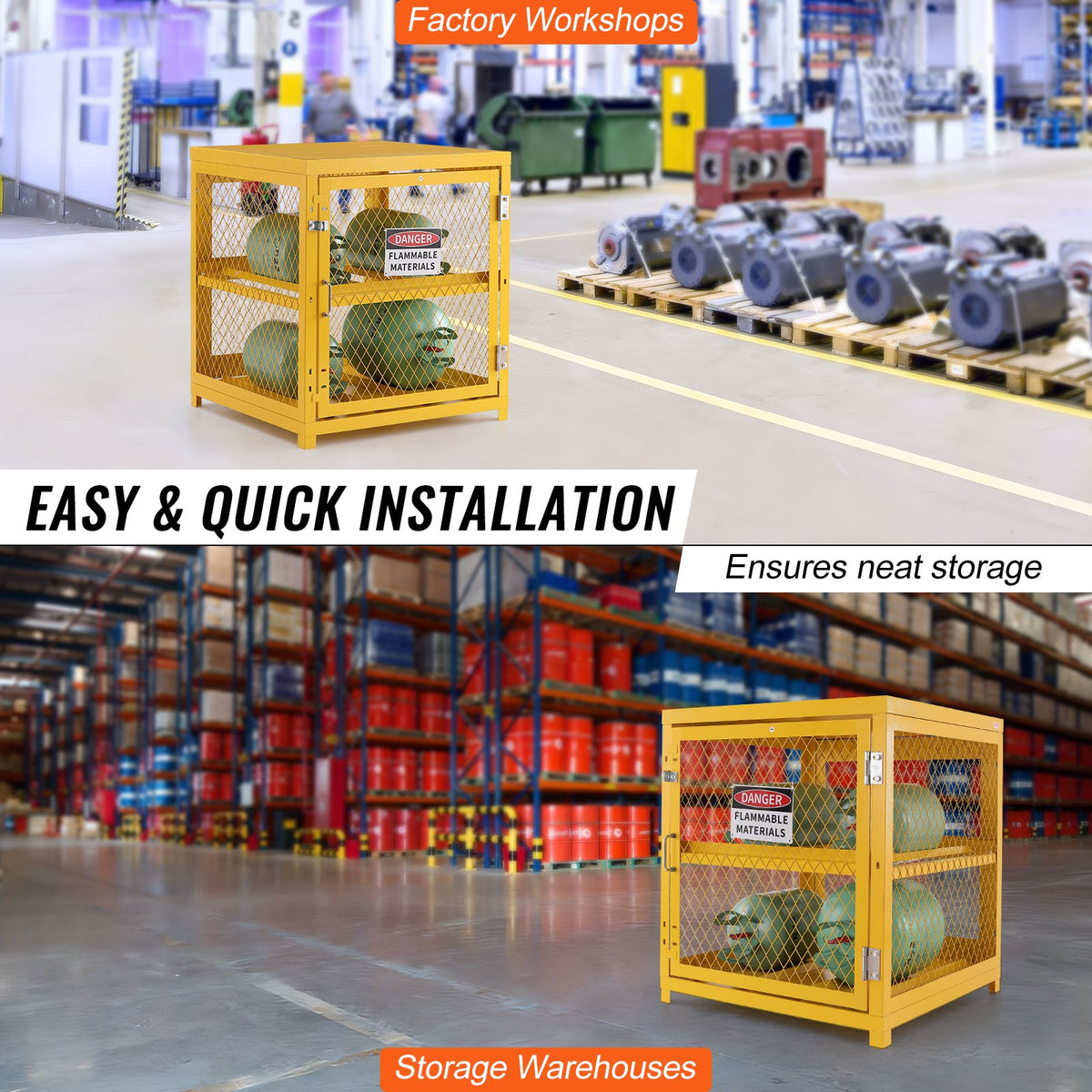 VEVOR Horizontal Cylinder Storage Cabinet, 4 x 33 lbs Cylinder Capacity, 31.02x30.04x35 inch Propane Storage Cage, Gas Cylinder Cabinet, Yellow Powder Coat Finish, for Freon, Gases, Oxygen, Nitrogen - DSCWJHSLYGSPG3ZIYV0 - view 7