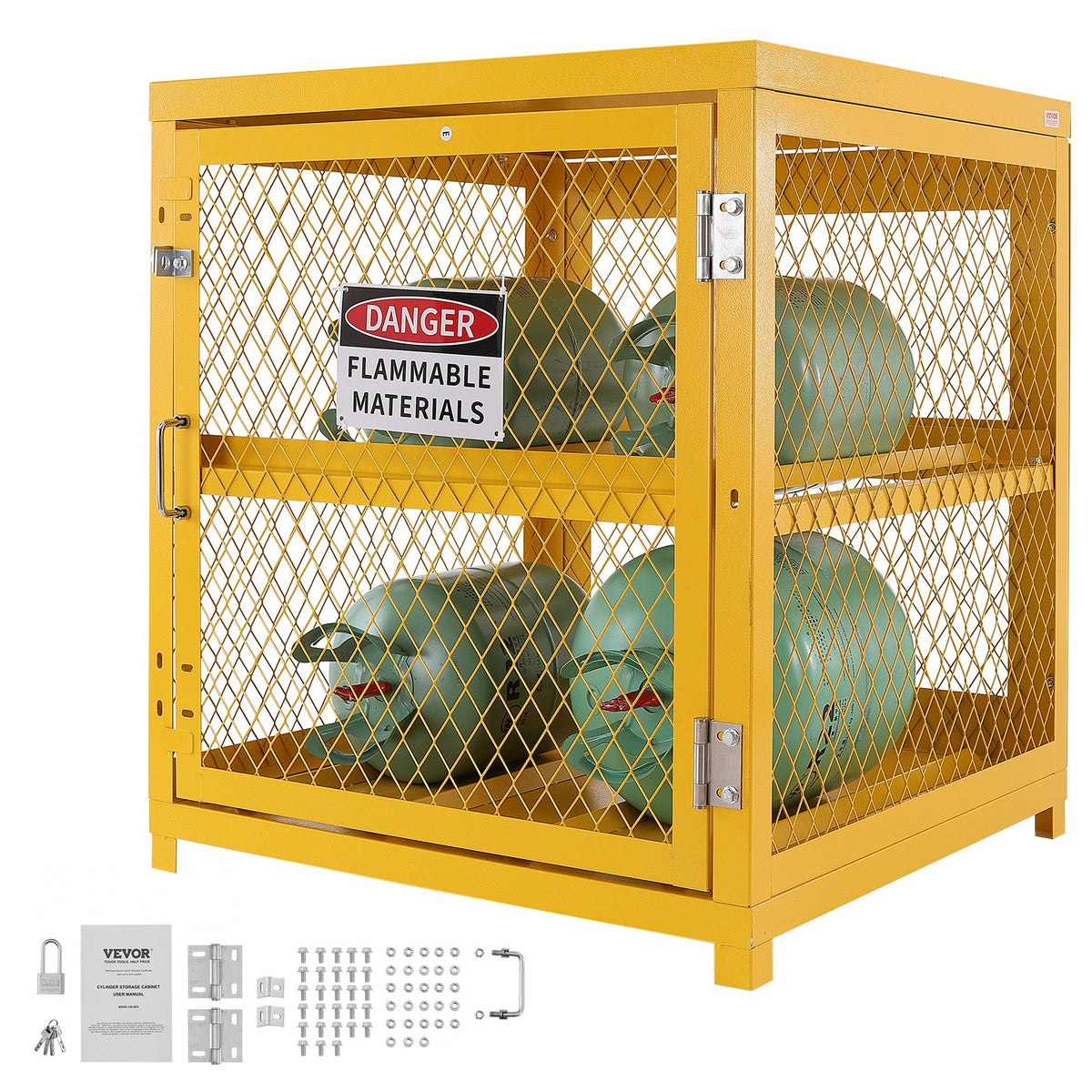 VEVOR Horizontal Cylinder Storage Cabinet, 4 x 33 lbs Cylinder Capacity, 31.02x30.04x35 inch Propane Storage Cage, Gas Cylinder Cabinet, Yellow Powder Coat Finish, for Freon, Gases, Oxygen, Nitrogen - DSCWJHSLYGSPG3ZIYV0 - view 10