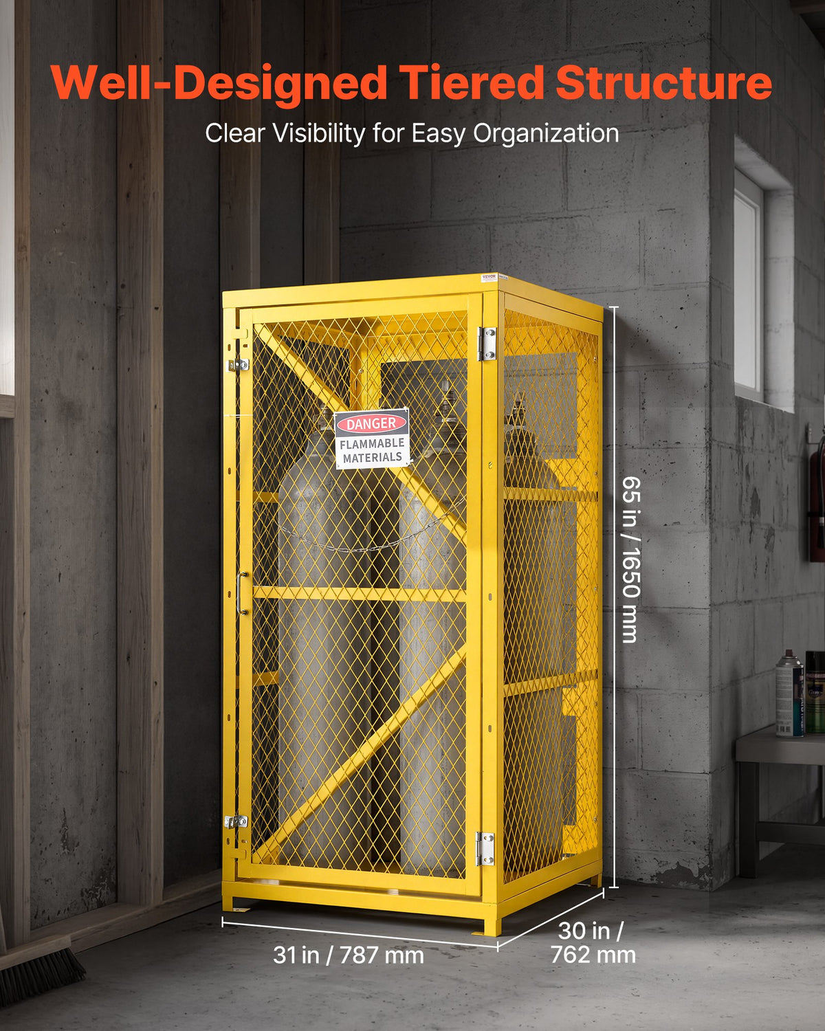 VEVOR Vertical Cylinder Storage Cabinet, 31"L x 30"W x 65"H, 9 Cylinder Capacity, Propane Storage Cage with Chain, Lock and Keys, Yellow Powder-Coated Carbon Steel, for Propane, Oxygen, Nitrogen - DSCWJLYG65INPFH5N001V0 - view 3
