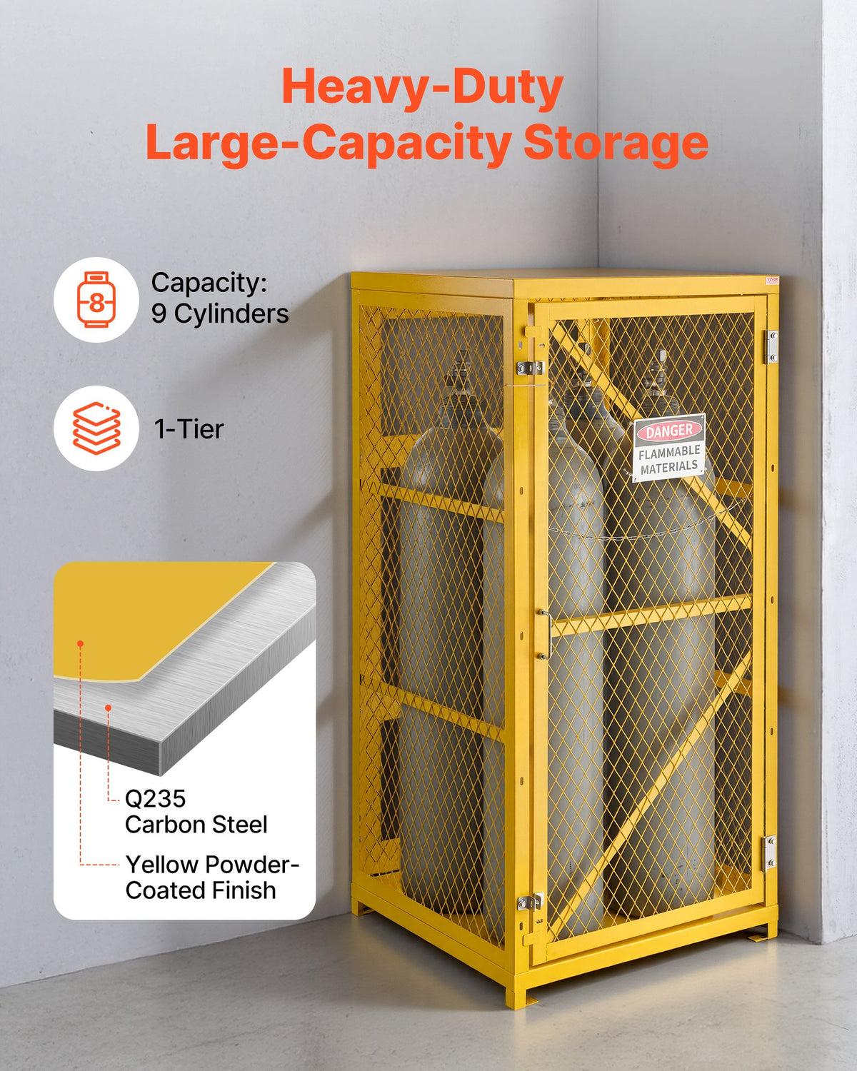 VEVOR Vertical Cylinder Storage Cabinet, 31"L x 30"W x 65"H, 9 Cylinder Capacity, Propane Storage Cage with Chain, Lock and Keys, Yellow Powder-Coated Carbon Steel, for Propane, Oxygen, Nitrogen - DSCWJLYG65INPFH5N001V0 - view 4