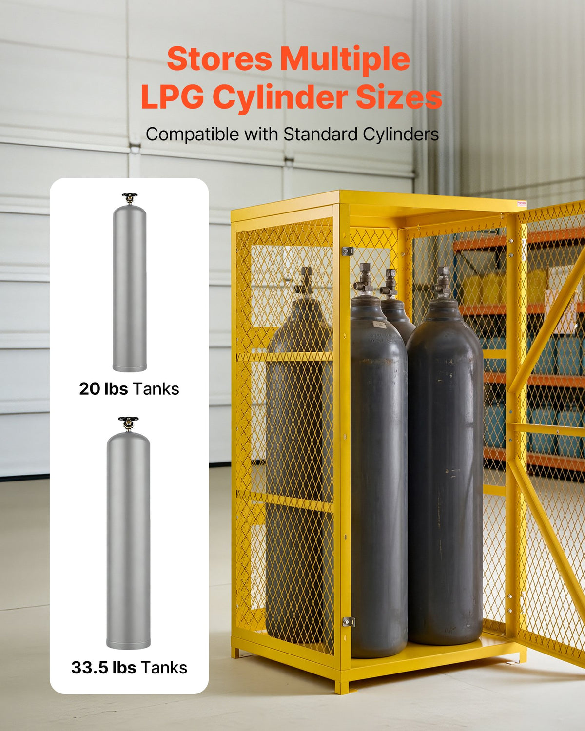 VEVOR Vertical Cylinder Storage Cabinet, 31"L x 30"W x 65"H, 9 Cylinder Capacity, Propane Storage Cage with Chain, Lock and Keys, Yellow Powder-Coated Carbon Steel, for Propane, Oxygen, Nitrogen - DSCWJLYG65INPFH5N001V0 - view 5
