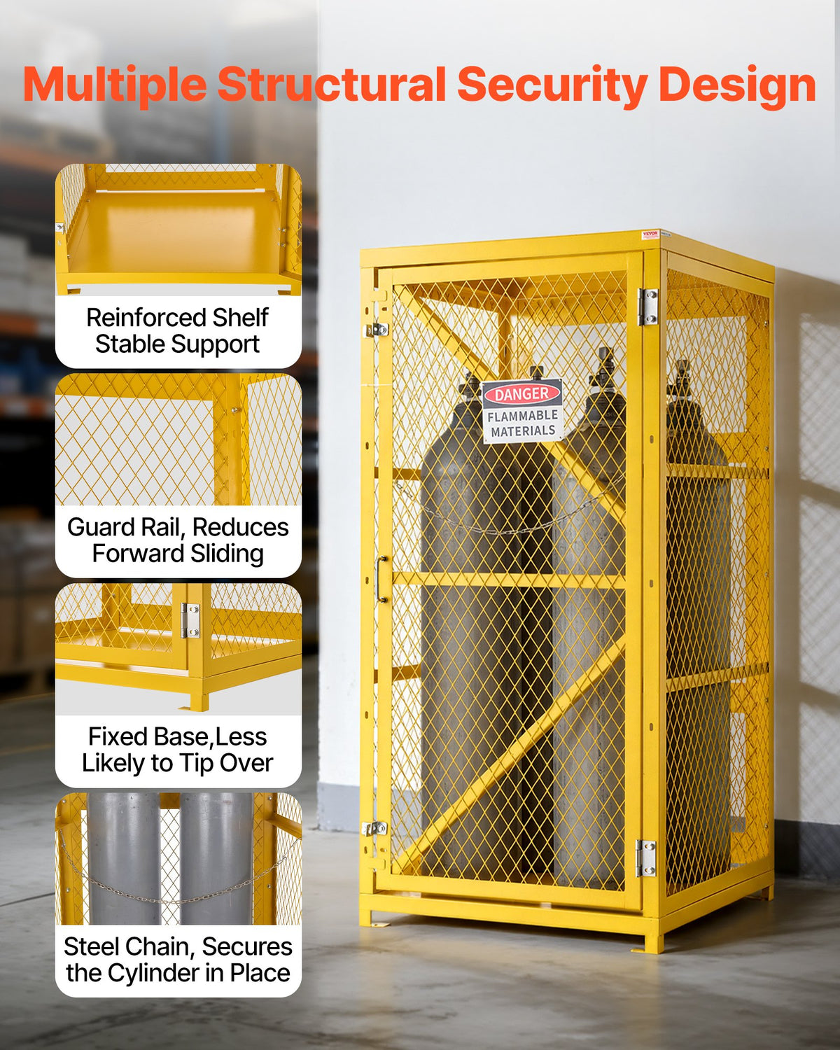 VEVOR Vertical Cylinder Storage Cabinet, 31"L x 30"W x 65"H, 9 Cylinder Capacity, Propane Storage Cage with Chain, Lock and Keys, Yellow Powder-Coated Carbon Steel, for Propane, Oxygen, Nitrogen - DSCWJLYG65INPFH5N001V0 - view 6