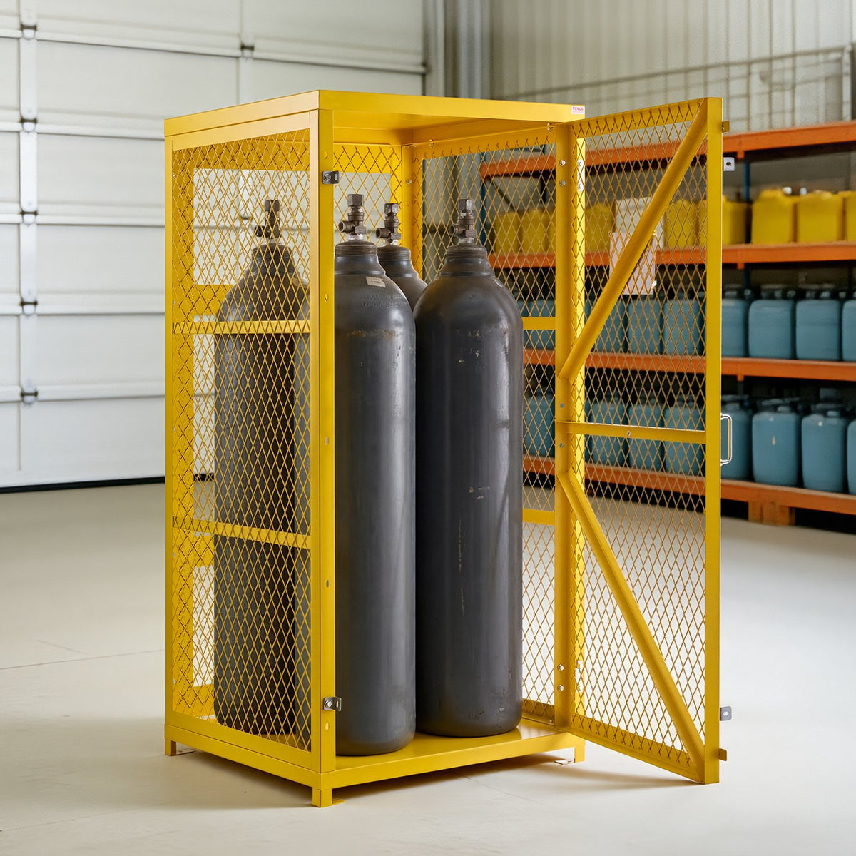 VEVOR Vertical Cylinder Storage Cabinet, 31"L x 30"W x 65"H, 9 Cylinder Capacity, Propane Storage Cage with Chain, Lock and Keys, Yellow Powder-Coated Carbon Steel, for Propane, Oxygen, Nitrogen - DSCWJLYG65INPFH5N001V0 - view 9