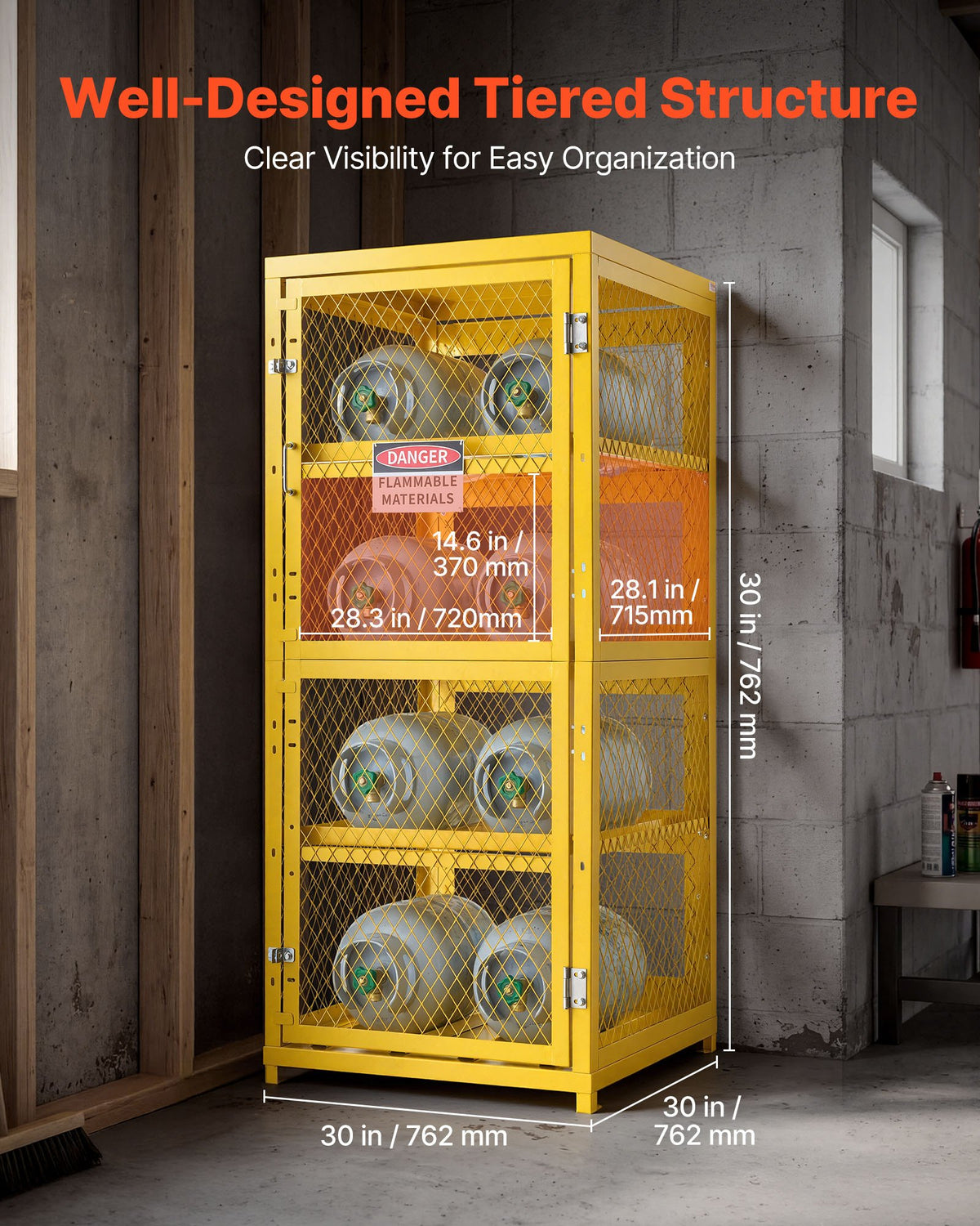 VEVOR Horizontal Cylinder Storage Cabinet, 30"L x 30"W x 70.3"H, 8 Cylinder Capacity, 4-Tier Propane Storage Cage, with Lock and Keys, Yellow Powder-Coated Carbon Steel, for Propane, Oxygen, Nitrogen - DSCWJLYG7025VG2YP001V0 - view 3