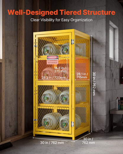VEVOR Horizontal Cylinder Storage Cabinet, 30"L x 30"W x 70.3"H, 8 Cylinder Capacity, 4-Tier Propane Storage Cage, with Lock and Keys, Yellow Powder-Coated Carbon Steel, for Propane, Oxygen, Nitrogen - DSCWJLYG7025VG2YP001V0 - view 3