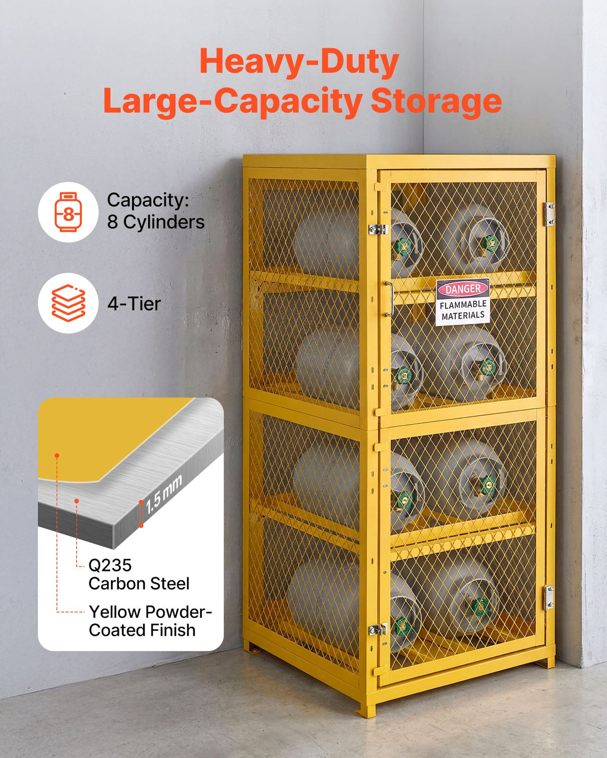 VEVOR Horizontal Cylinder Storage Cabinet, 30"L x 30"W x 70.3"H, 8 Cylinder Capacity, 4-Tier Propane Storage Cage, with Lock and Keys, Yellow Powder-Coated Carbon Steel, for Propane, Oxygen, Nitrogen - DSCWJLYG7025VG2YP001V0 - view 4