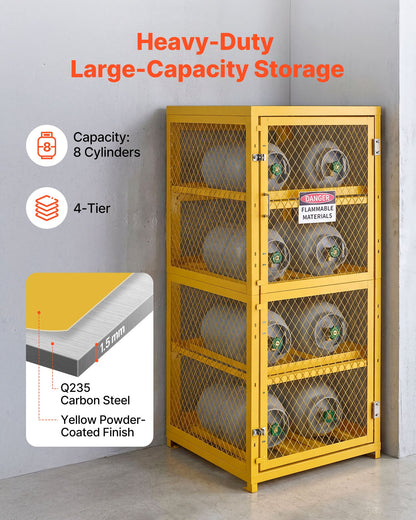 VEVOR Horizontal Cylinder Storage Cabinet, 30"L x 30"W x 70.3"H, 8 Cylinder Capacity, 4-Tier Propane Storage Cage, with Lock and Keys, Yellow Powder-Coated Carbon Steel, for Propane, Oxygen, Nitrogen - DSCWJLYG7025VG2YP001V0 - view 4