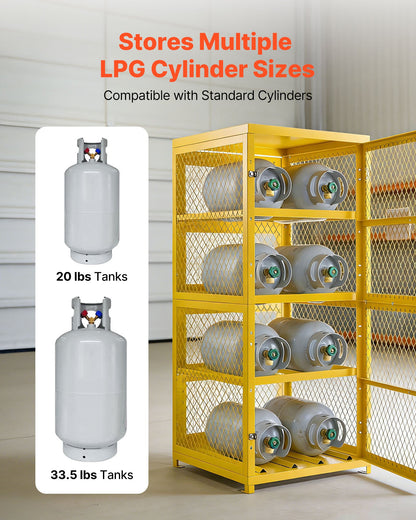 VEVOR Horizontal Cylinder Storage Cabinet, 30"L x 30"W x 70.3"H, 8 Cylinder Capacity, 4-Tier Propane Storage Cage, with Lock and Keys, Yellow Powder-Coated Carbon Steel, for Propane, Oxygen, Nitrogen - DSCWJLYG7025VG2YP001V0 - view 5