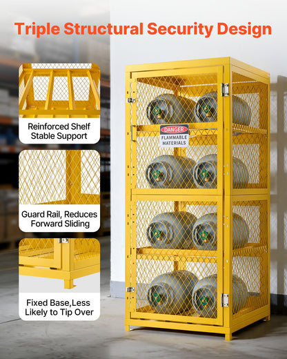 VEVOR Horizontal Cylinder Storage Cabinet, 30"L x 30"W x 70.3"H, 8 Cylinder Capacity, 4-Tier Propane Storage Cage, with Lock and Keys, Yellow Powder-Coated Carbon Steel, for Propane, Oxygen, Nitrogen - DSCWJLYG7025VG2YP001V0 - view 6