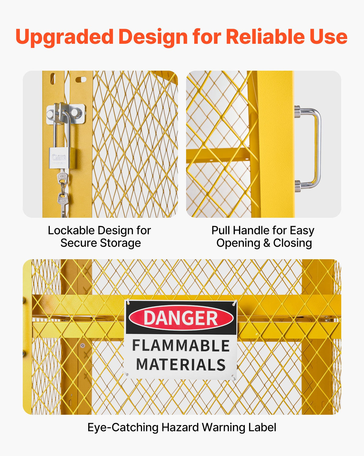 VEVOR Horizontal Cylinder Storage Cabinet, 30"L x 30"W x 70.3"H, 8 Cylinder Capacity, 4-Tier Propane Storage Cage, with Lock and Keys, Yellow Powder-Coated Carbon Steel, for Propane, Oxygen, Nitrogen - DSCWJLYG7025VG2YP001V0 - view 7
