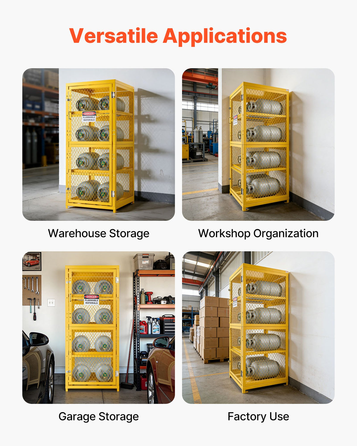 VEVOR Horizontal Cylinder Storage Cabinet, 30"L x 30"W x 70.3"H, 8 Cylinder Capacity, 4-Tier Propane Storage Cage, with Lock and Keys, Yellow Powder-Coated Carbon Steel, for Propane, Oxygen, Nitrogen - DSCWJLYG7025VG2YP001V0 - view 8