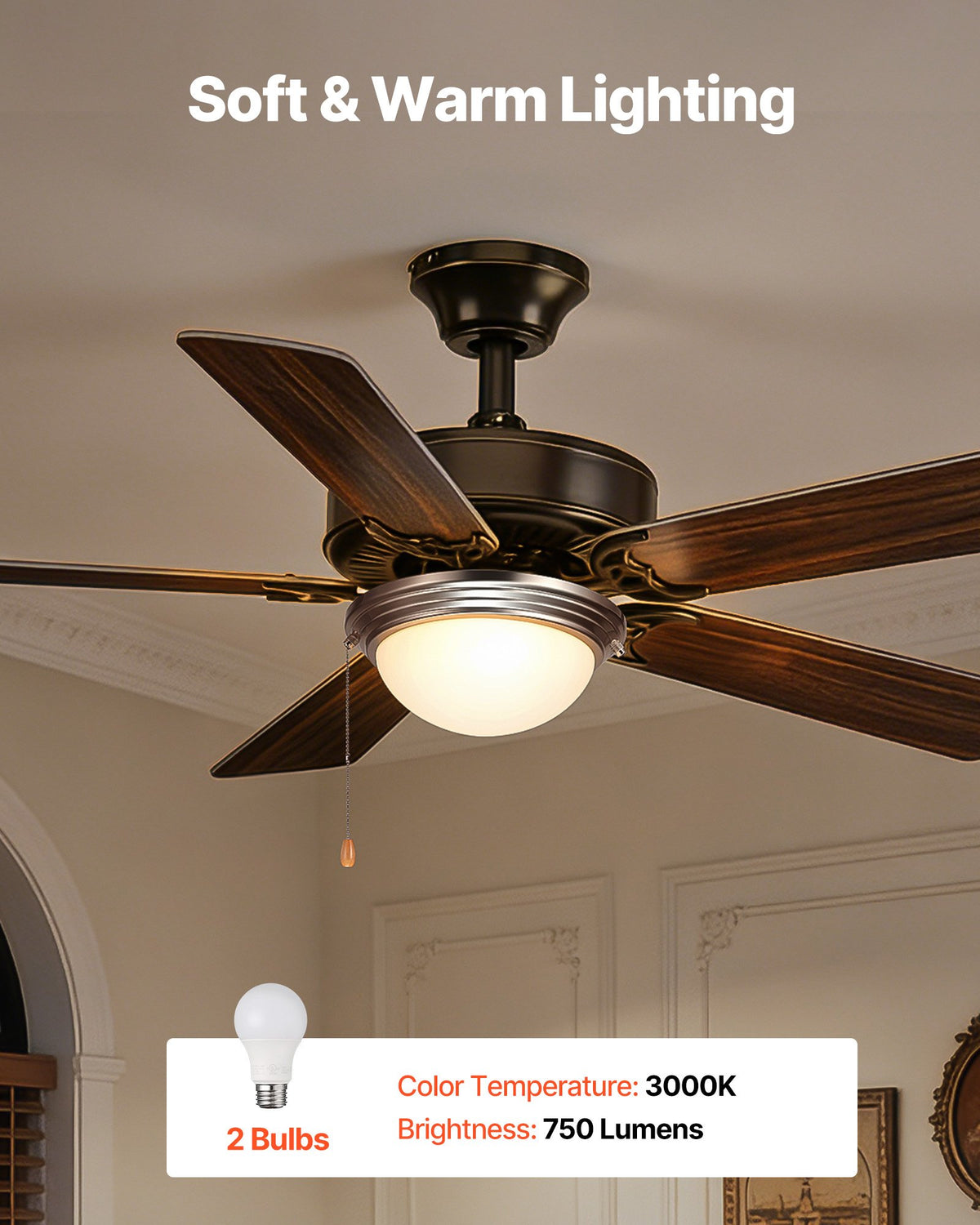 VEVOR Ceiling Fan Light Kit, 750lm 3000K Fan Light Kit with Pull Chain, 2 LED Bulbs, Modern Replacement Fixture for Living Room, Dining Room, Bedroom, Frosted Milk Glass Shade Brushed Nickel Finish - DSDBQDYLTK1J64DET001V6 - view 3