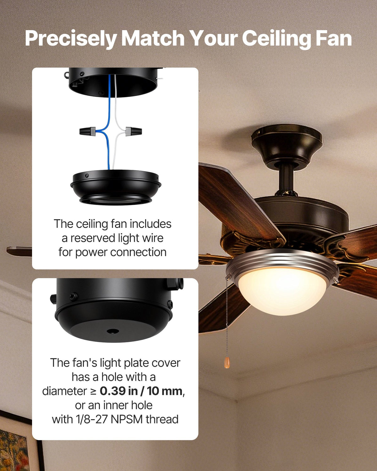 VEVOR Ceiling Fan Light Kit, 750lm 3000K Fan Light Kit with Pull Chain, 2 LED Bulbs, Modern Replacement Fixture for Living Room, Dining Room, Bedroom, Frosted Milk Glass Shade Brushed Nickel Finish - DSDBQDYLTK1J64DET001V6 - view 4